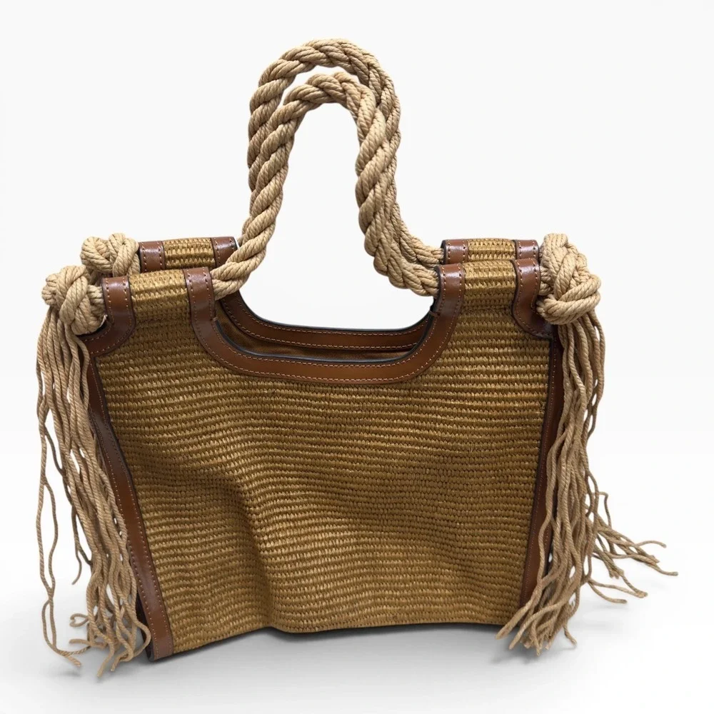 Marni Marcel Medium Raffia Tote Bag Tan  Fringe Rope Handle Raffia Leather $995